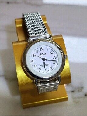 Vtg Azur Womans Watch New Battery Silvertone Stretch Bracelet 32mm Works EUC